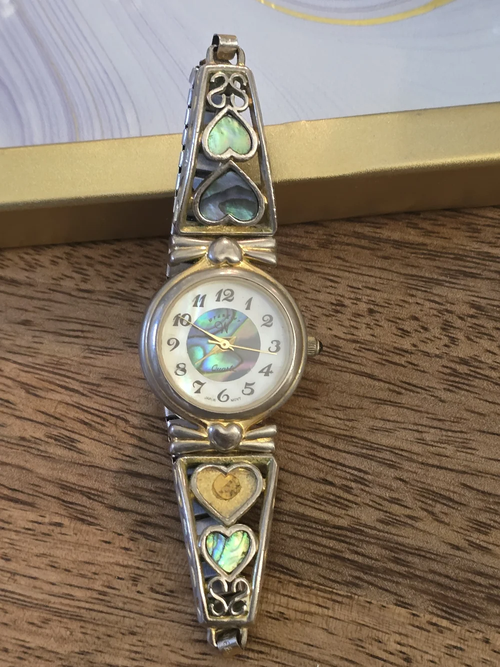 Abalone Heart Inlay Women's Bracelet Watch - Iridescent Green and Gold Accents